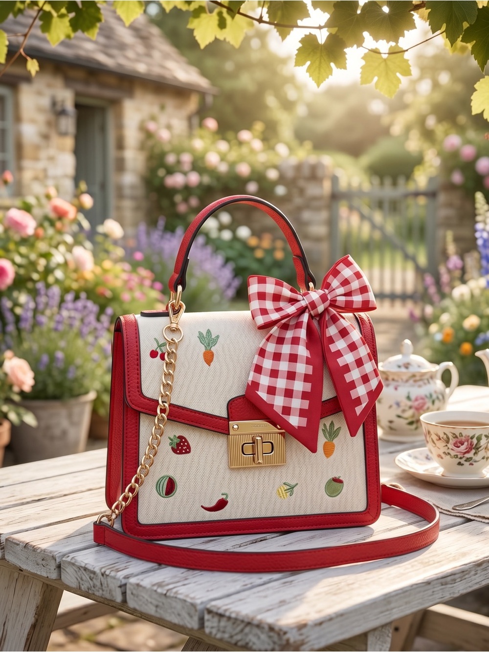ALDO Red Trim Embroidered Top Handle Satchel Crossbody Bag NWT